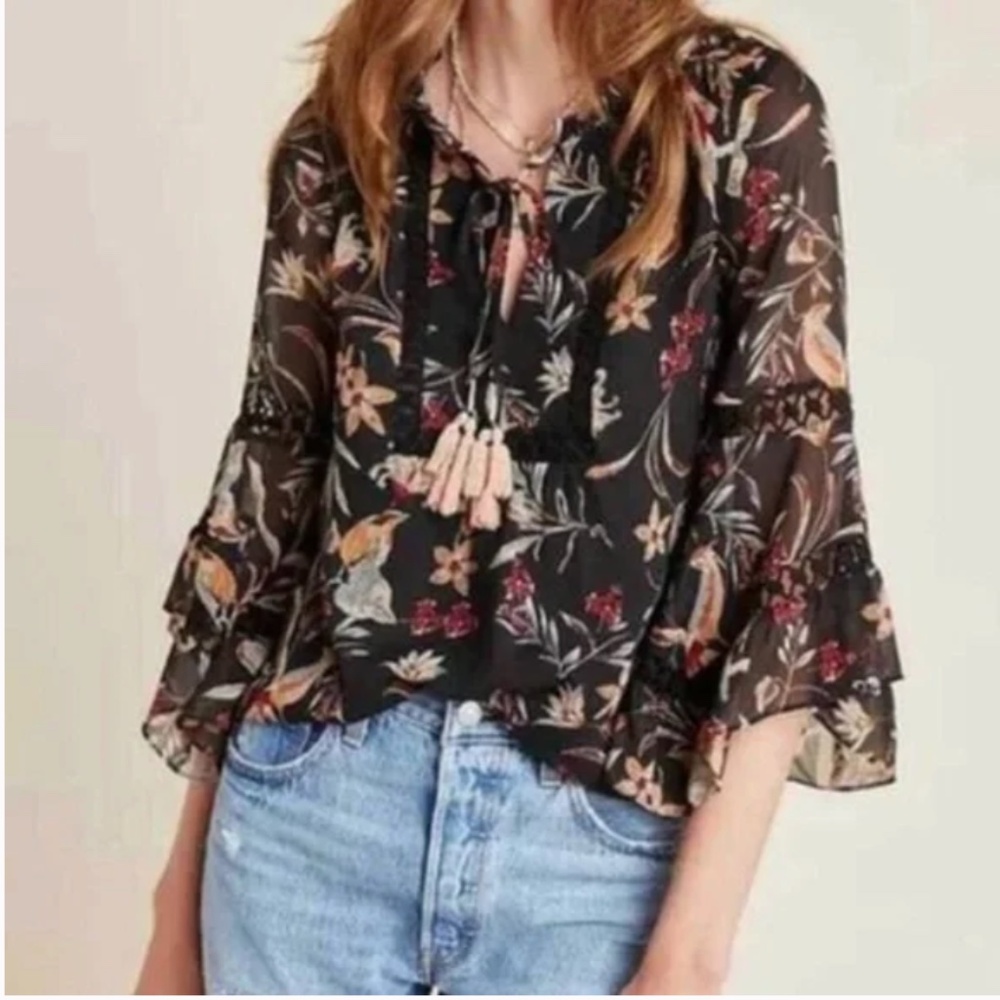 ⭐️ Maeve Odette Floral Bell Sleeve Tassel Chic Business Party Peasant Blouse Top